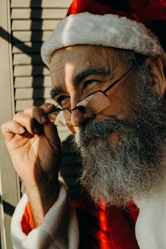 Portrait of a cheerful Santa Claus with glasses in a warm sunlit room.
